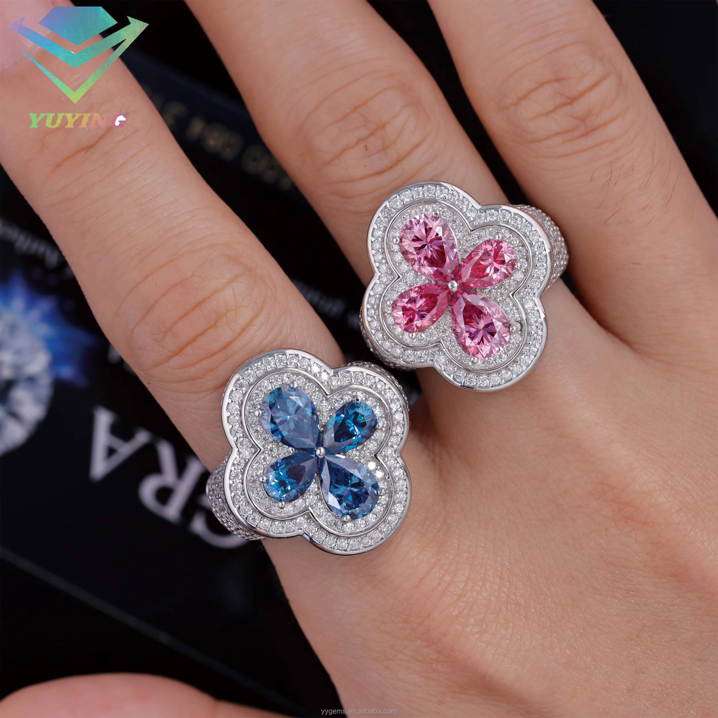 Fashion Clover Mossanite Ring Fine Jewelry 925 Sterling Silver Hip Hop Ring for Men Women VVS Moissanite Diamond Cuban Ring