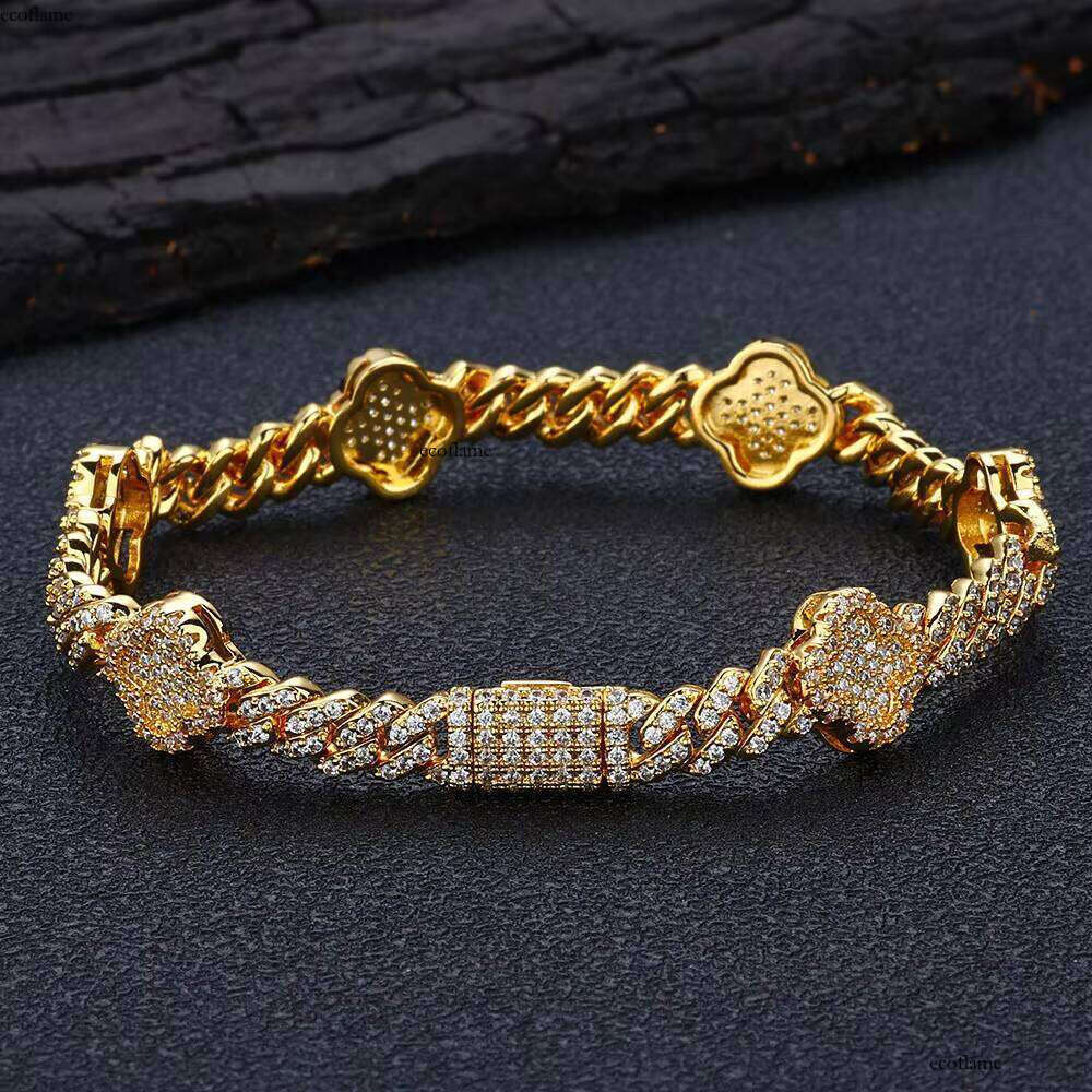 NUOYA Women 6MM Bracelet with Four Leaf Clover White Gold Plated Dia Prong Cuban Link Chain Jewelry