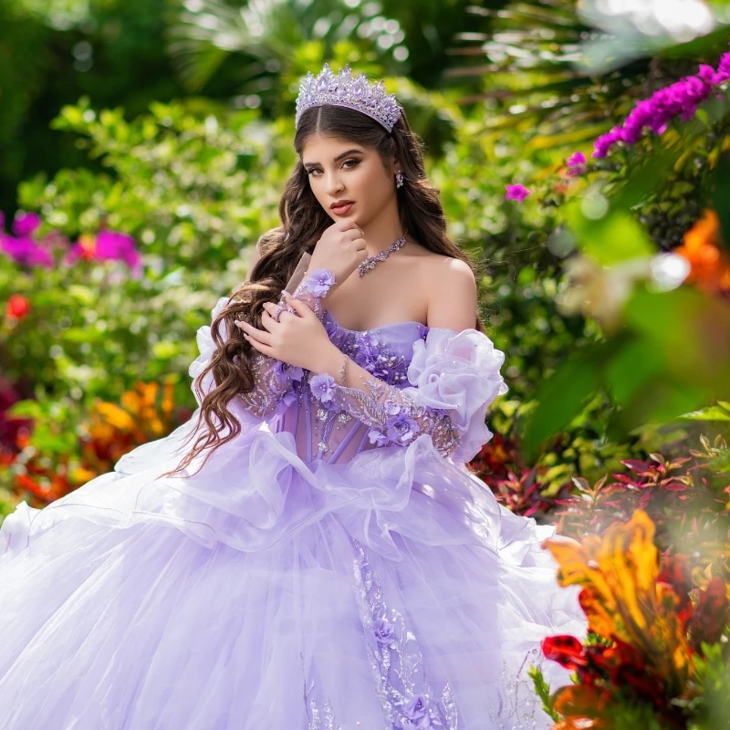 Lavender Quinceanera Dresses Ball Gown Off The Shoulder Applique Flower Beads Tull Corset Party Birthday Sweet 16 Dress Vestidos De 15 Anos
