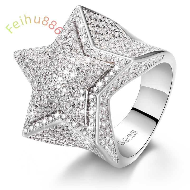 Dropshipping Fine Hip Hop Jewelry Iced Out 925 Sterling Silver Lab Grown VVS Moissanite Diamond 2 Layers Star Ring for Men Women