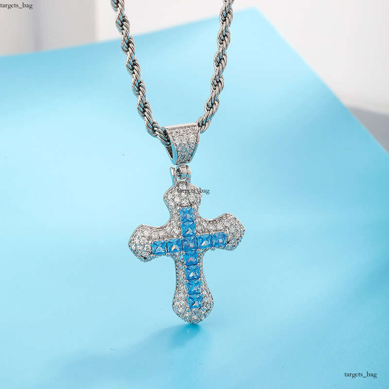Hip Hop Blue Moissanite chain Cross Men's Necklace Fashion Versatile Sweater Chain Jewelry