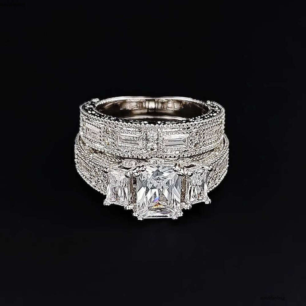 Choucong Unique Handmade Wedding Rings Jewelry Sterling Sier Princess Cut White Topaz CZ Dia Gemstones Party Women Bridal Couple Ring Set Gift