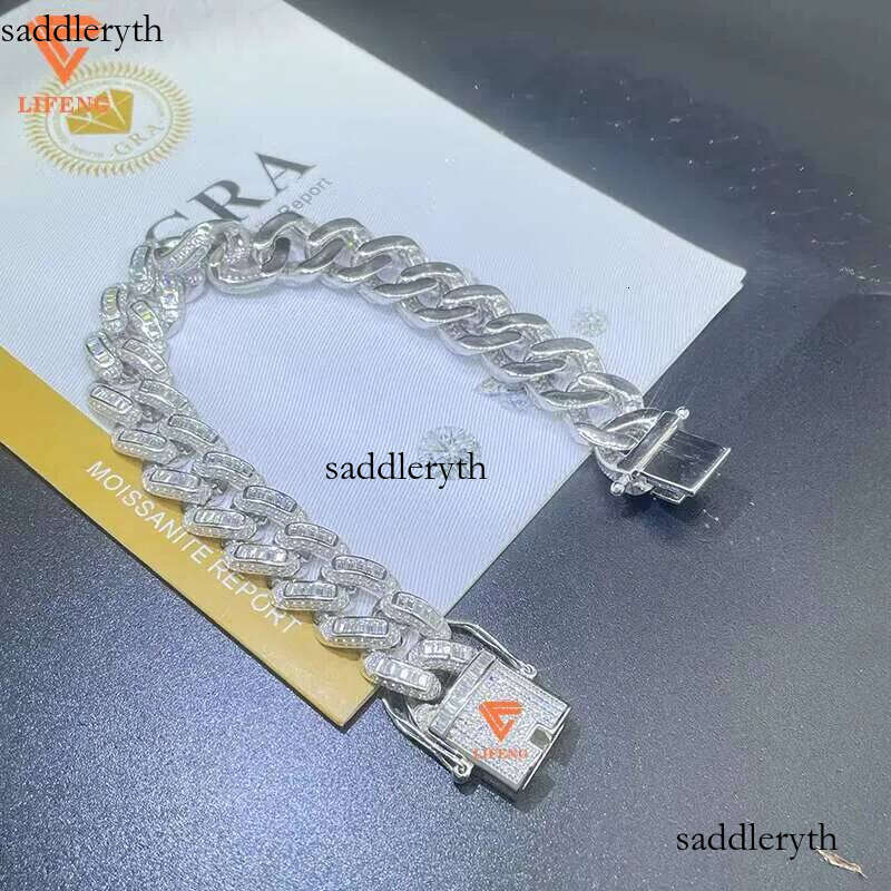 Lifeng Jewelry 14mm VVS Moissanite Baguette Cuban Link Ice Out Hiphop S Sterling Dia Bracelet 35