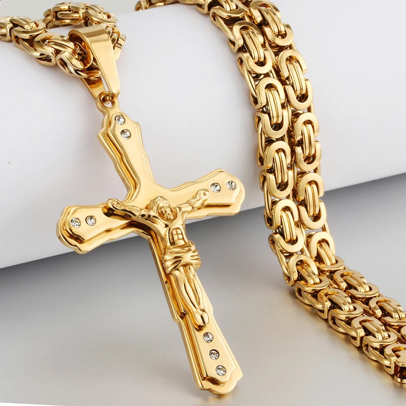 Ancient Men Stainless Steel Crystal Jesus Christ Holy Crucifix Cross Pendant Necklace Byzantine Chain Necklaces Jewelry Gifts 250805