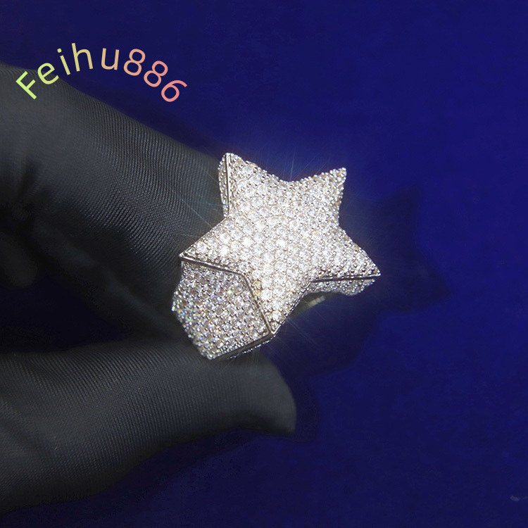 Hot Sale Jewelry 925 Silver VVS Moissanite Diamond Hip Hop Start Shape Ring Iced Out Ring