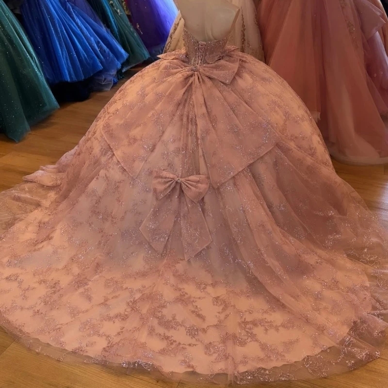 Pink Shiny Quinceanera Dresses Off The Shoulder Sequin Lace Applique Beads Bow Tull Ball Gown Birthday Party Sweet 16 Dress Vestidos De 15 Anos