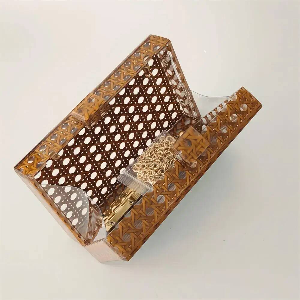 Acrylic Egg Cane Rattan Clutch Bag Wedding Party Summer Beach Dark Brown Flap Handbag Female Lady Designer Purse high-quality