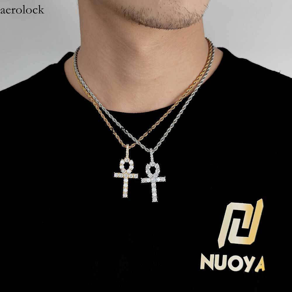 Solid Small Cross Pendant Micro Paved Moissanite chain Ankh Key Hip Hop Men's Necklace