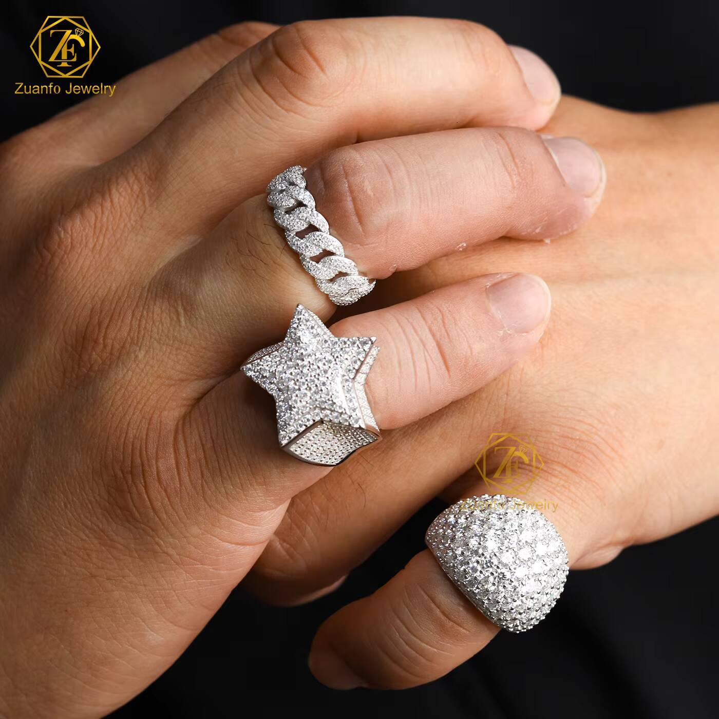 High Quality VVS Iced Out Moissanite 925 Silver Ring for Men High Luster Durability Cuban Link Star Jewelry Hip Hop Style
