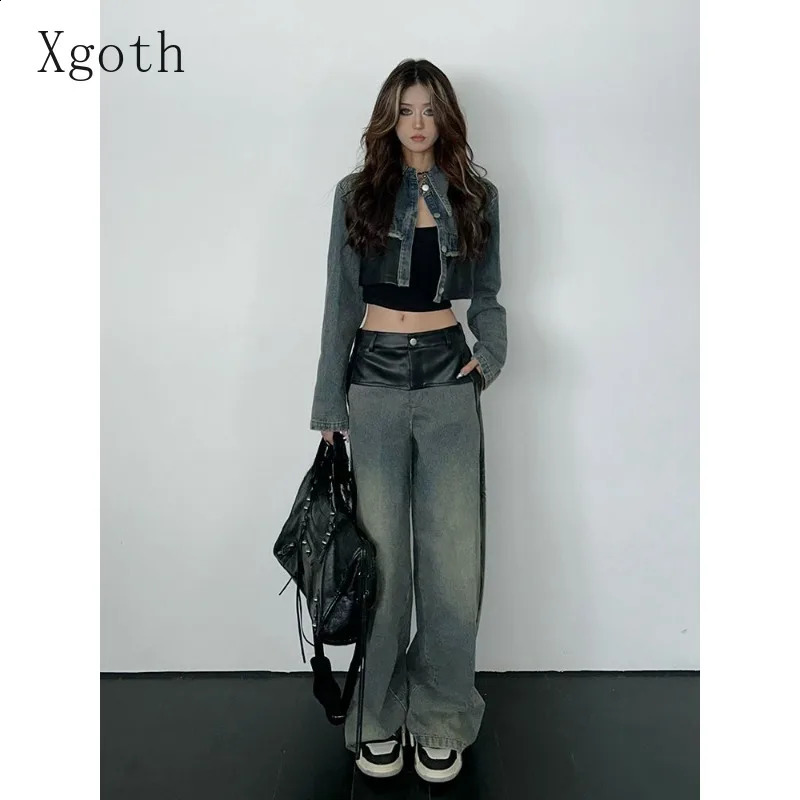 Womens Sets Leather Spliced Denim Turndown Collar Raw Edge JacketWide Leg Jeans Sweet Cool Spicy s Two-Piece Lady Clothing 250808