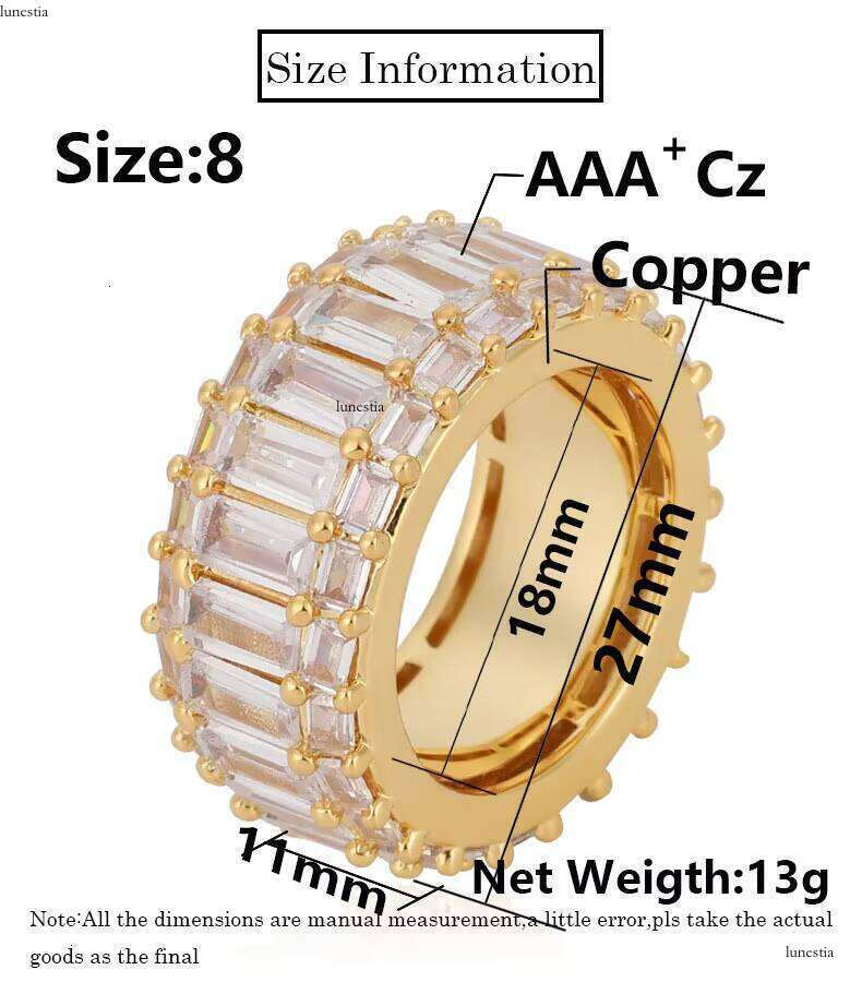 1mm Width Gold Dia Rings Hip Hop Iced Finger Jewelry Shiny CZ Stone Sier Plated Baguette Ring