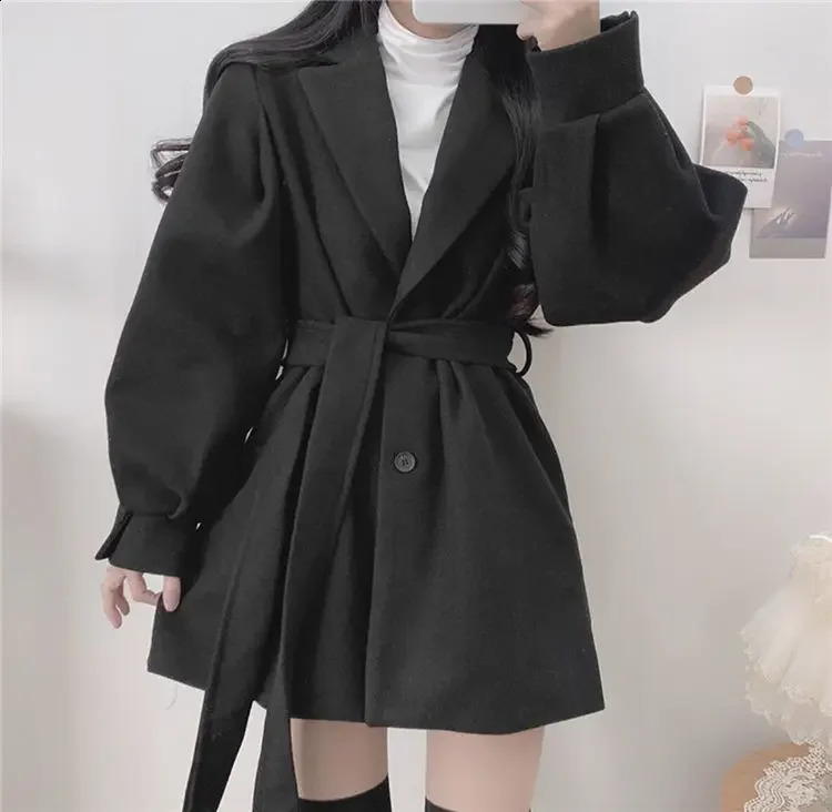 Chic Korean Style Womens Woolen Suit Jacket Autumn Winter Loose Fit Medium Length Coat with Notch Collar for Shorter Ladies 250809