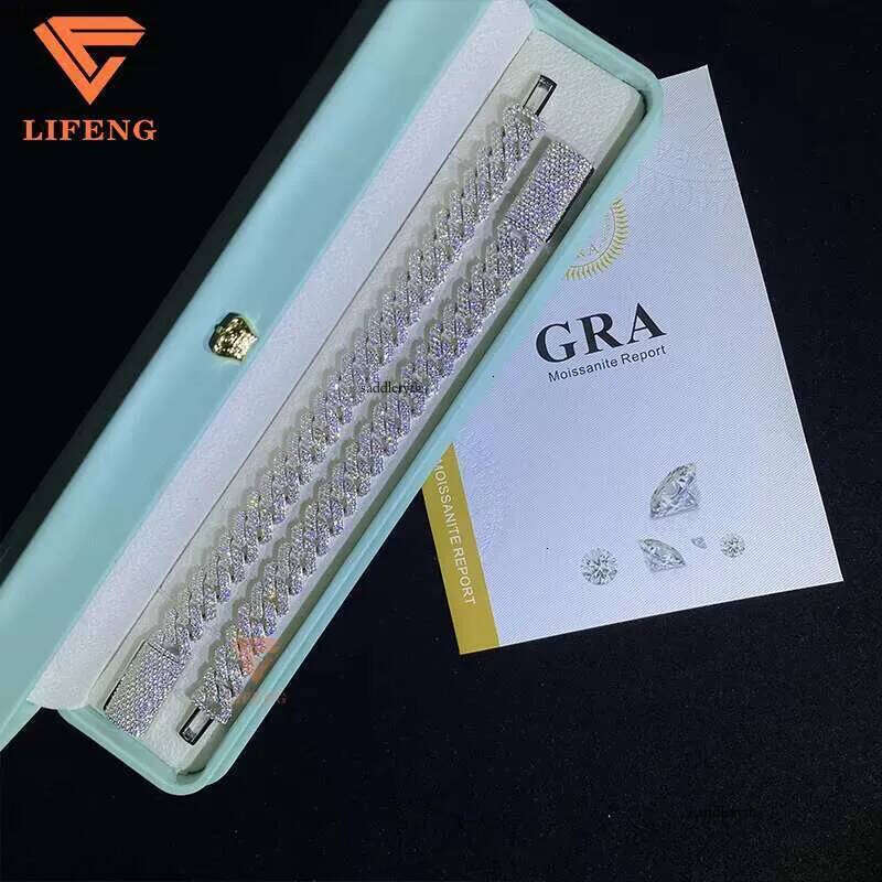 12mm Link Chain 2row Dia Sterling Sier Men VVS D Moissanite Hiphop Cuban Bracelet