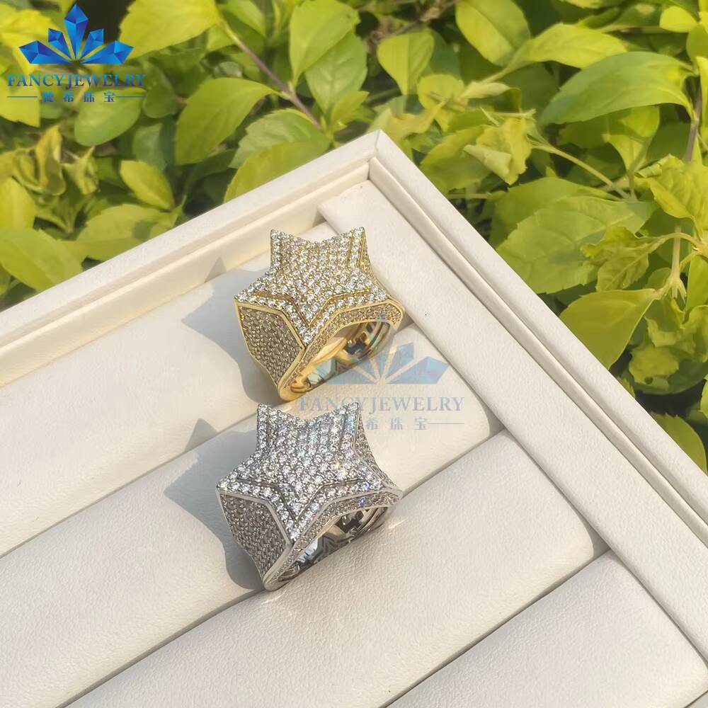 Mens Hip Hop Ring 925 Sterling Silver Ice Out Moissanite Star Finger Band Men Rings