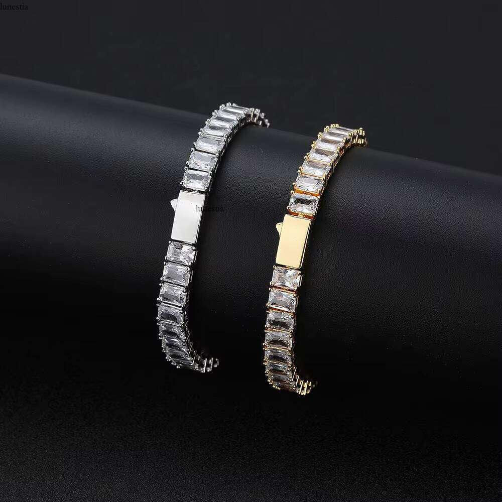 NUOYA Iced Out 6mm Rectangular Black Zircon Tennis Chain Gold Plated Hip Hop Jewelry Sier Bracelet Gift for Women