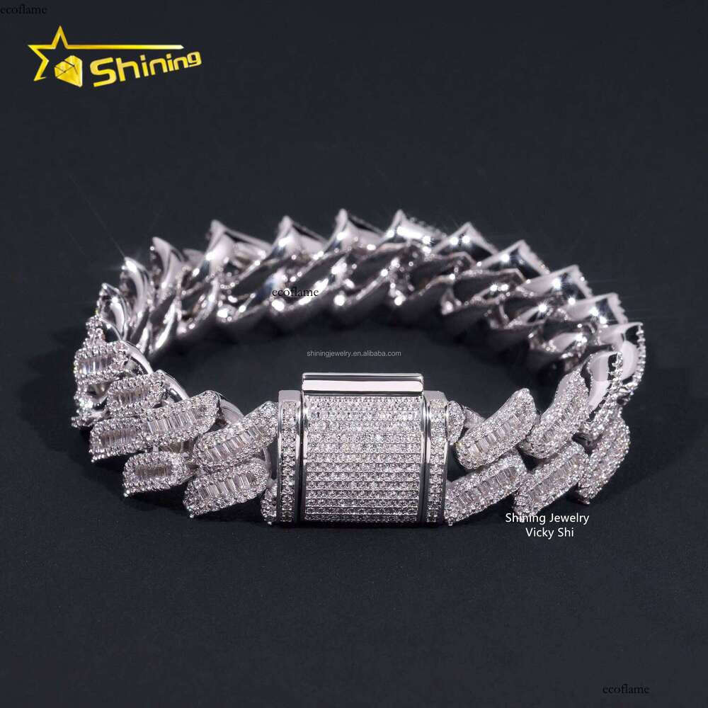 New Fashion Jewelry Rapper Hip Hop Sterling Sier Iced Out Fine Baguette Moissanite Cuban Bracelet