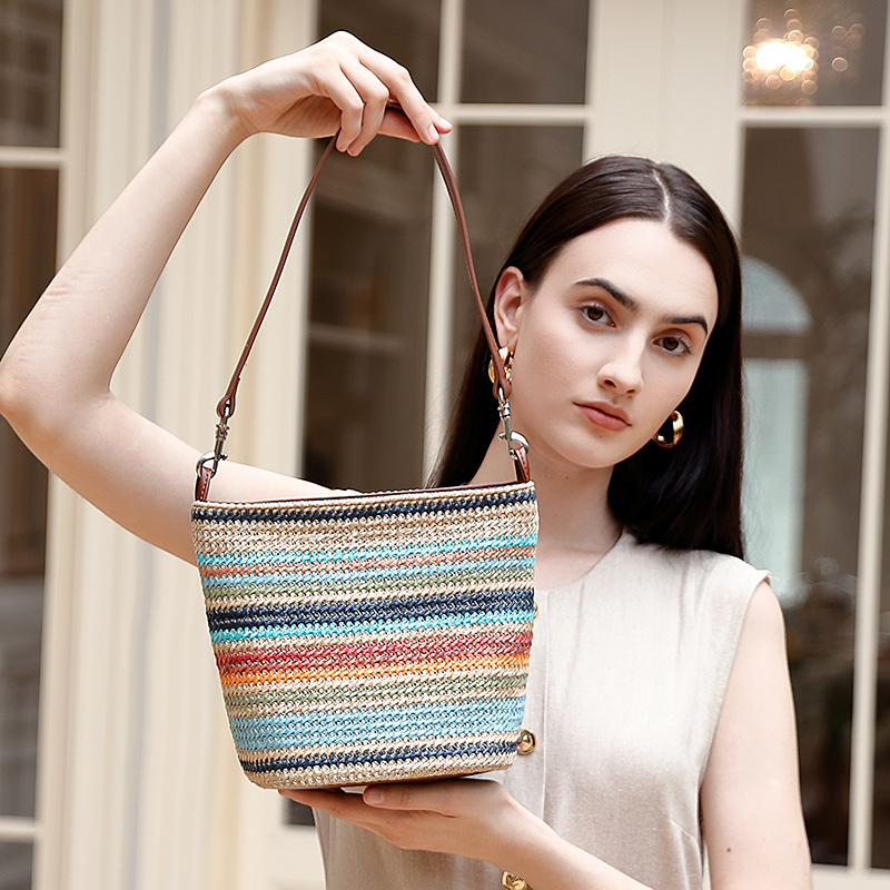Summer New Fashion Color-Block For Women, Niche Design, Straw Woven With Genuine Leather, Large Capacity Commuter Tote Bag