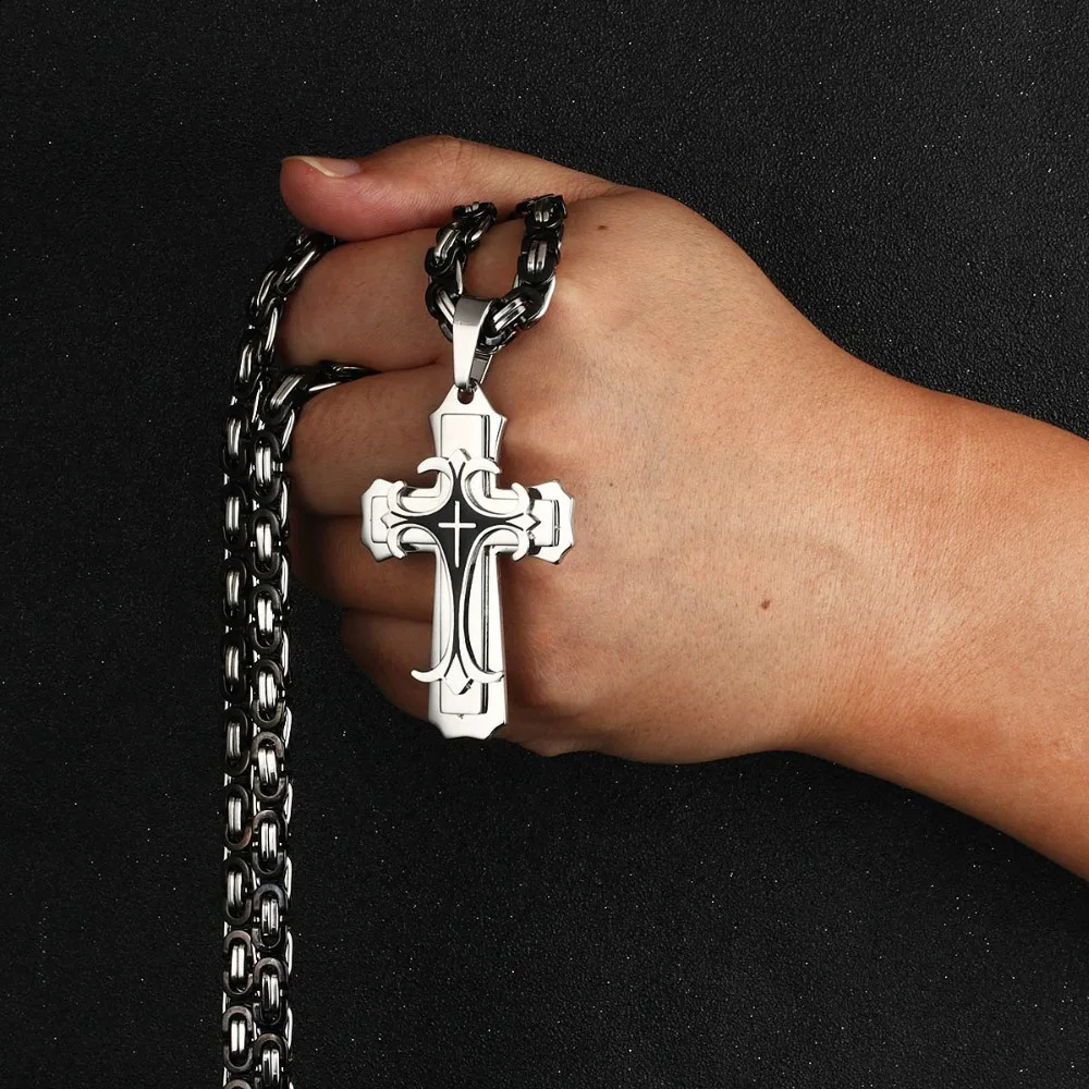 Vintage Stainless Steel Fleur-de-lis Cross Necklaces Pendants Long Byzantine Chain Necklaces Men Jewelry NC07 250805