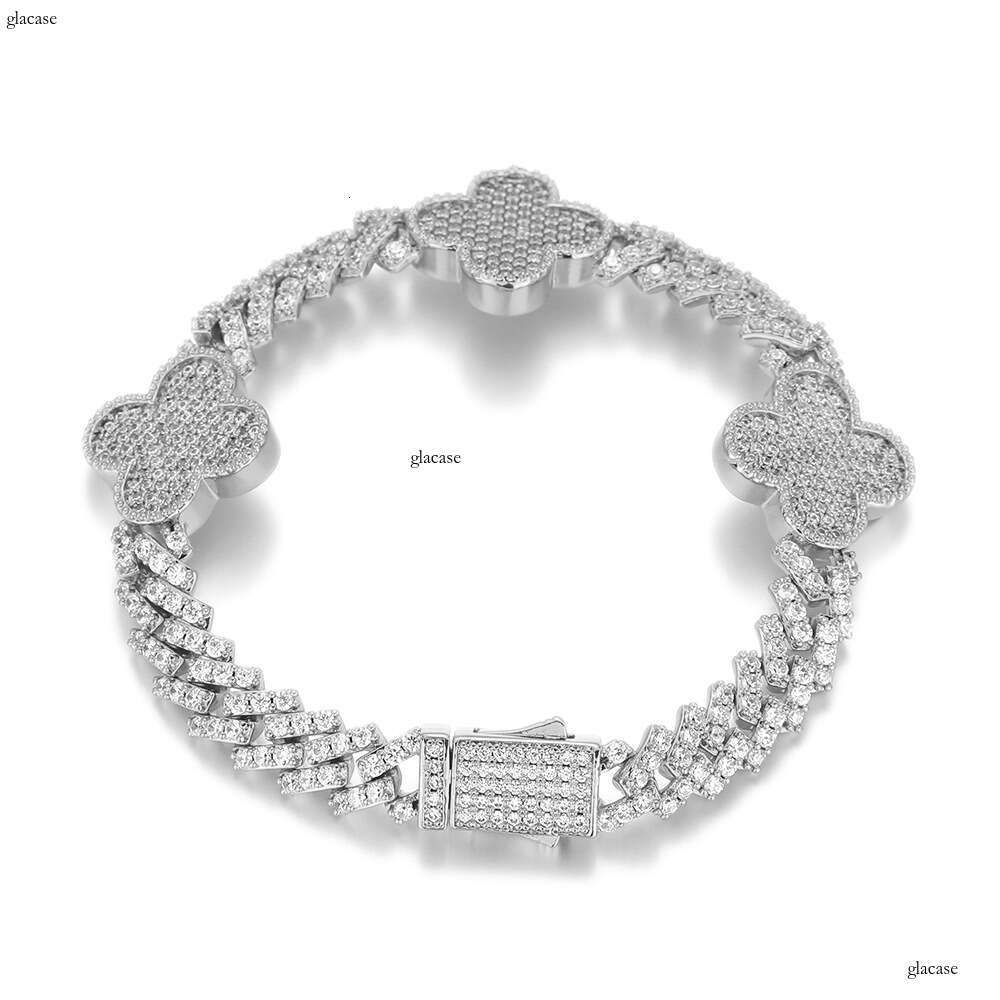 Hip Hop Spring Buckle Four-Leaf Clover Rhombus Cuban Chain Zircon High-End Versatile Men's Bracelet