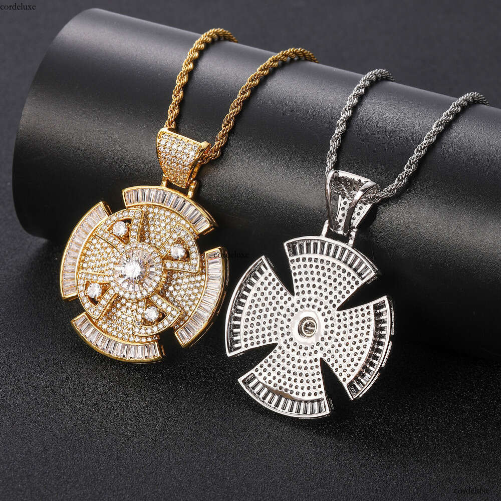 Hip-Hop Rotating Cross Trendy Brand Personality Square Round Moissanite chain Pendant Accessories Men's Necklace