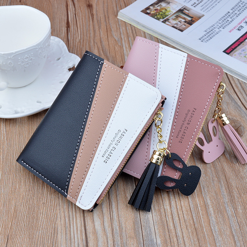 New Women's Wallet Short Style Luxury Bag Patchwork Color Block Zipper Tassel Coin Designer Bag Purse Student Small Wallet Leather Clutch