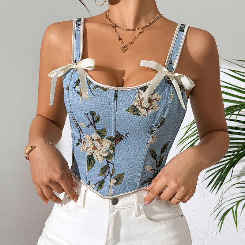 French Bow Tie Floral Sexy Shapewear Women's Camisole Printed Slim Vest Bra