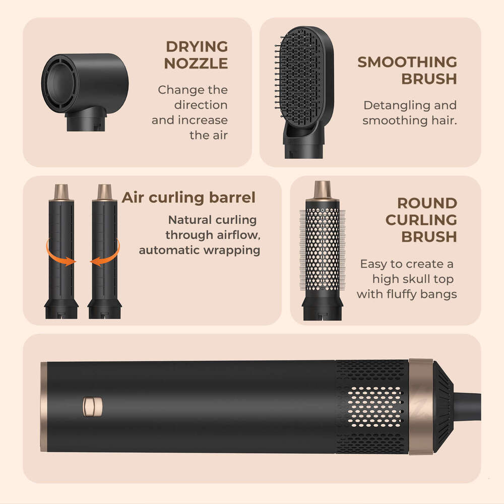 New 5-in-1 Curling Iron Noise Reduction Comb Hot Air Brush Curler Styling Negative Ion Multifunctional Hair Dryer