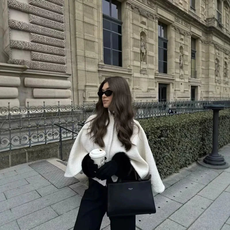 Fashion Elegant Street Womens Winter Solid Color Wool Blended Stand Collar Concealed Button Cape Jacket Y2K 250809
