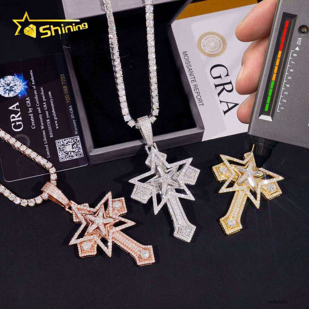 Ready to Ship Star Design Iced Out Cross Solid Sier with Moissanite Dia Hip Hop Pendant