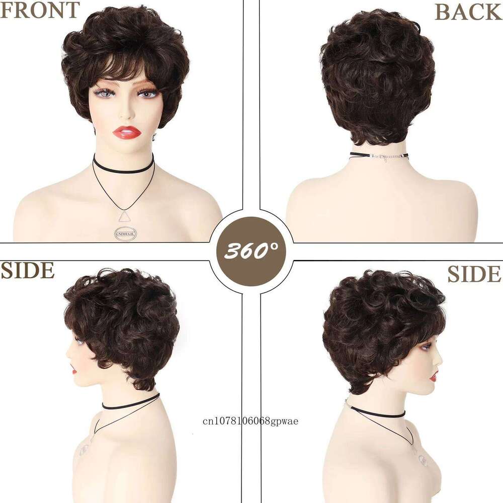 Women's Short Curly Hair Dark Brown Wigs with Bangs Natural Daily Fluffy Hairstyle Grandma Mommy Gift Wig Cosplay Party Use