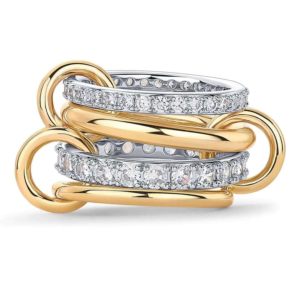 14K Gold Plated Interlocked Stackable Rings for Women Statement Mixed Metals Multi Ring Stack - Cubic Zirconia Two-Toned Connected Bands Stacking Jewe