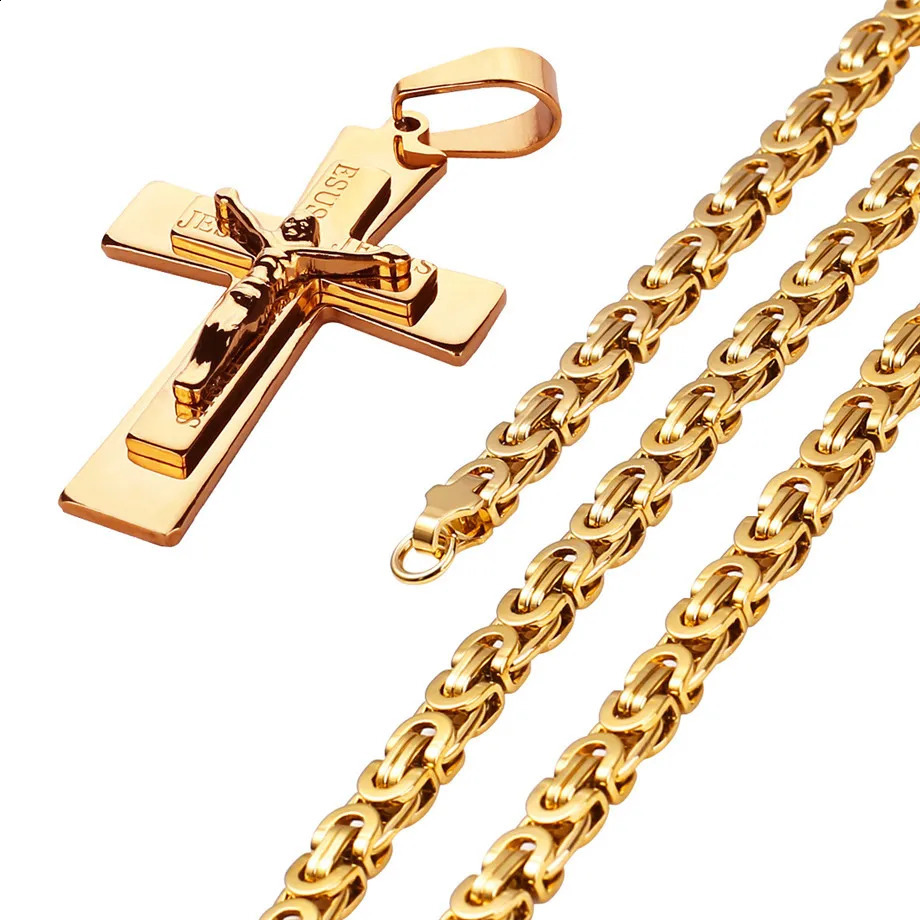 Mens Necklace Big Jesus Cross Pendant Chain Men Gold Color Stainless Steel Christian Crucifix Necklace Male Religious Jewelry 250805