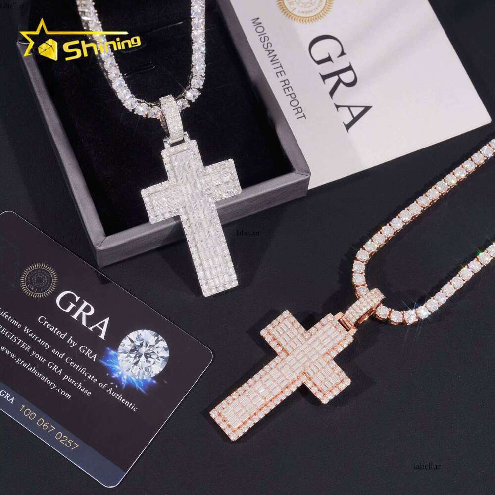 New Baguette Cross Pendant Sterling Sier Gold Plated Pass Dia Tester GRA Moissanite Charms Necklace