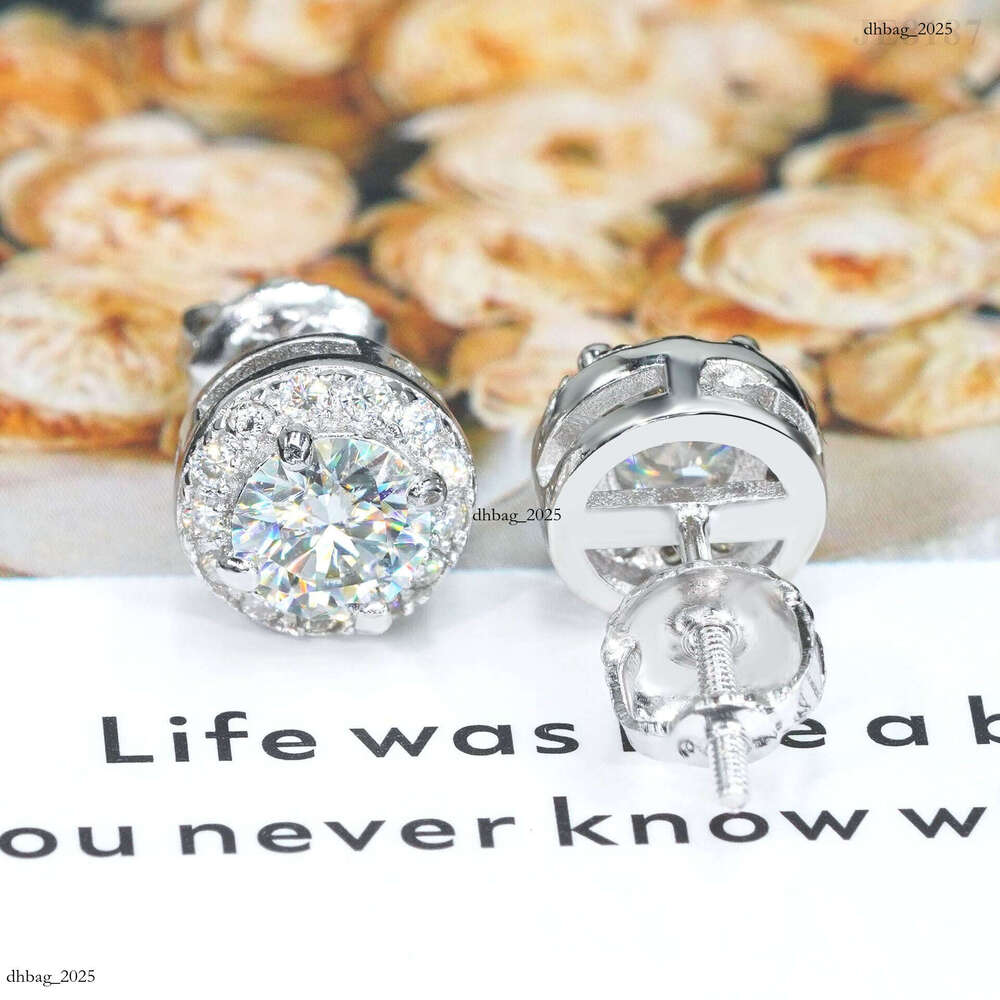 Hip-Hop Sier Plated Main Stone 5.0mm Moissanite Full Unisex Round Dense Setting Earrings