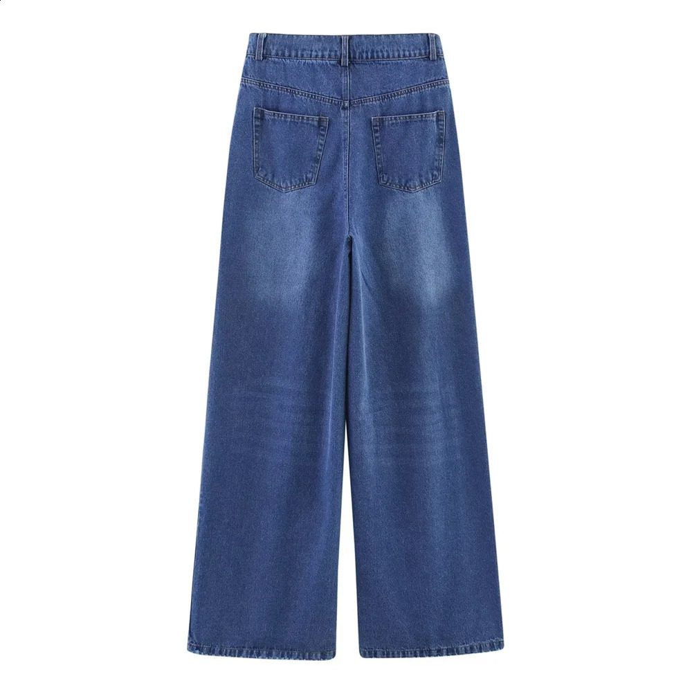 PB ZA 2025 Womens Blue Denim Puff - Sleeve Button - Down Shirt and Wide - Leg Jeans Set for a Casual and Stylish Look 250808