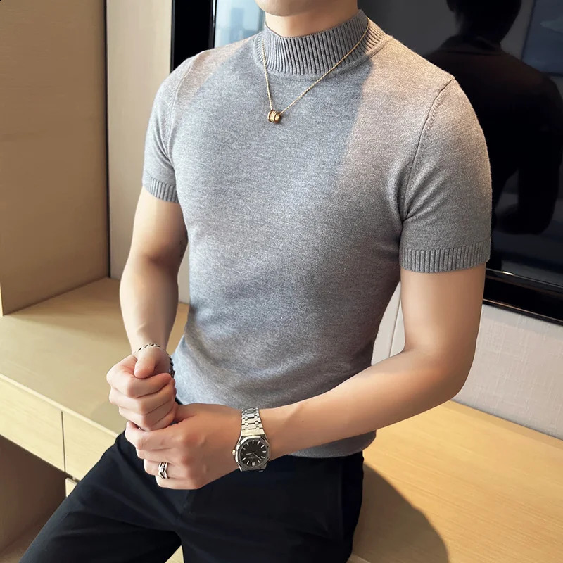 7 Colors Half High Collar Men Sweater Autumn Short Sleeve Solid Color T Shirt Slim Fit Knitted Pullover Homme 250809