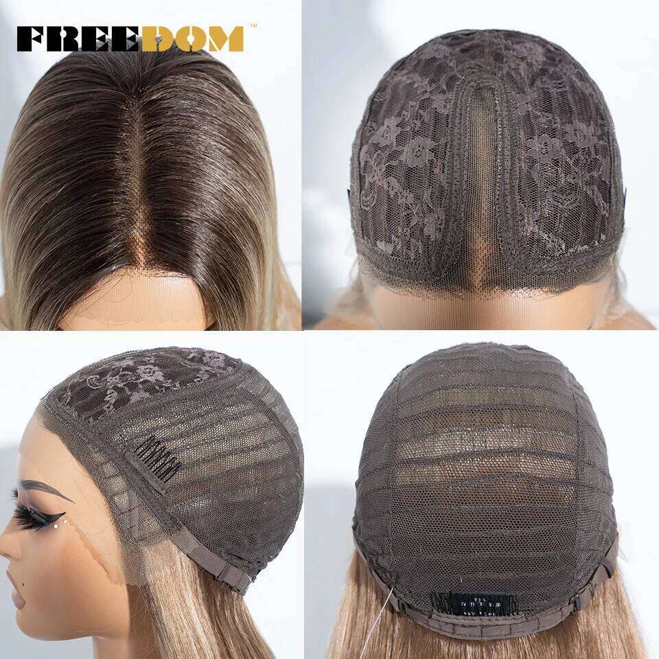 FREEDOM Straight Synthetic Front Wigs For Women 24 Inches Long Lace With Bangs Ombre Brown Blonde Highlight Cosplay Wig