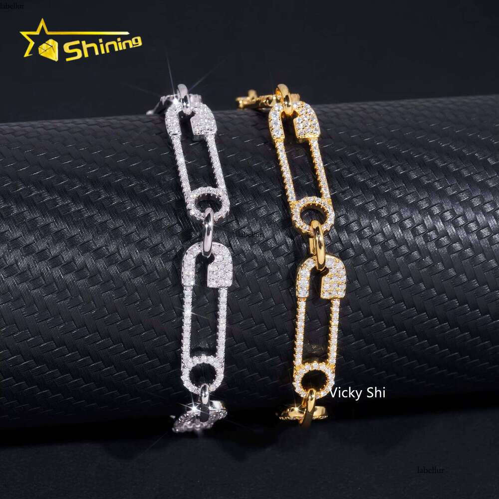 Hip Hop Jewelry Fashion Paper Clip Style Sier Gold Plated Iced Out Moissanite Tennis Bracelet Gifts