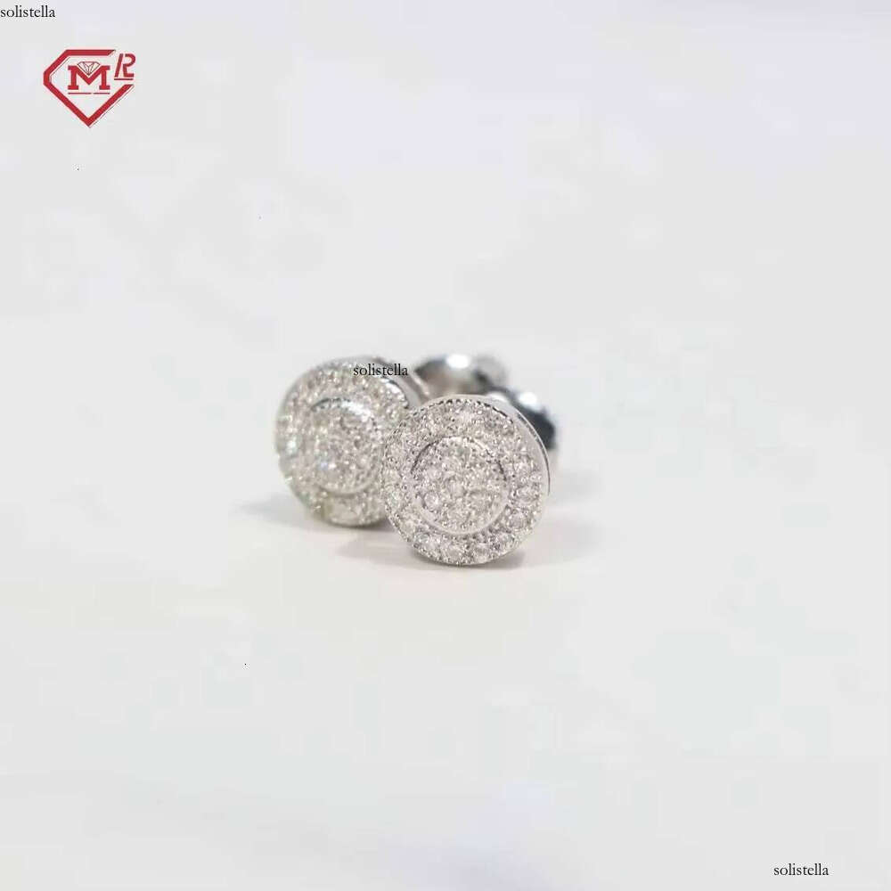 Hip Hop Mens Iced Out Sterling Sier Round Screw Back Cluster Moissanite Earrings