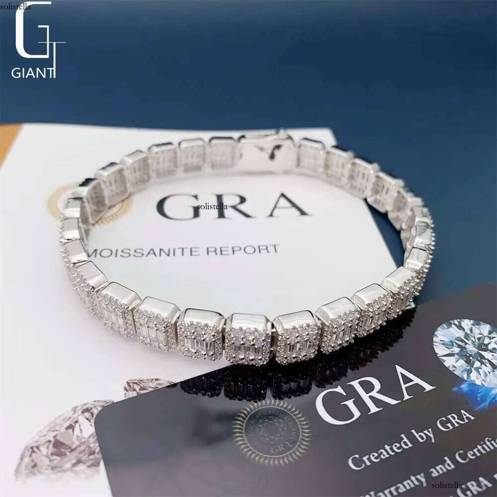 Spring Buckle VVS Moissanite Iced Out Jewelry 9MM Baguette Cut Dia Cuban Link Men Hip Hop Sier Bracelet