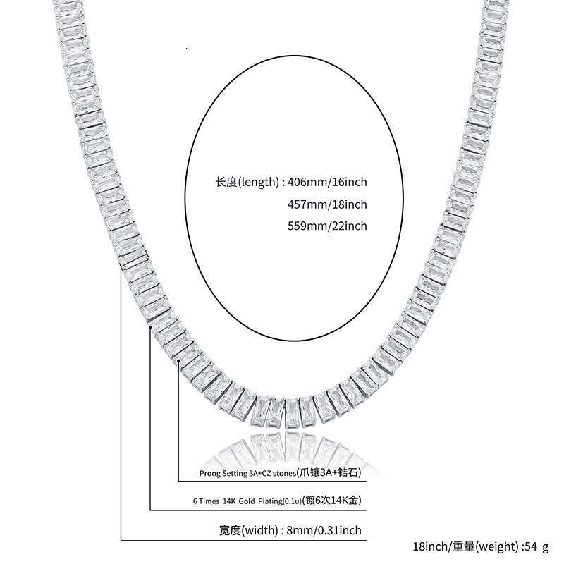 Hip-Hop Micro Pave Men's Necklace 8MM Rectangular Moissanite chain Simple Rock Style Trendy Bracelet