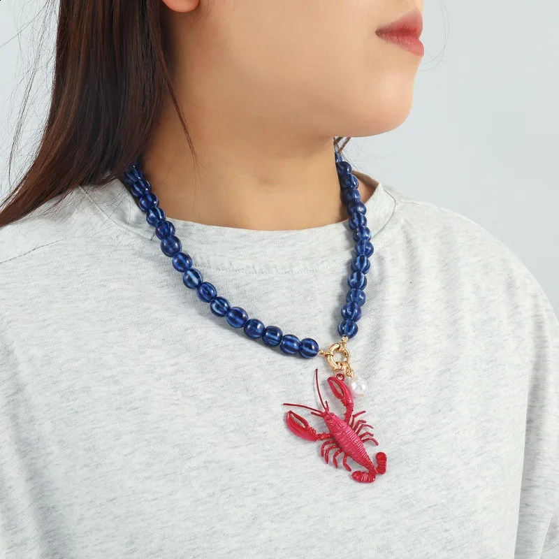 Exaggerated Red Lobster Blue Bead Necklace Handmade Imitation Pearl Summer Beach Fashion Accessory 250805