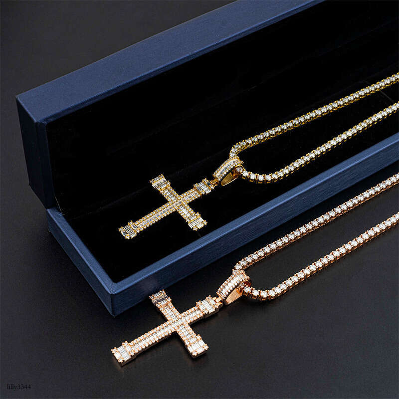 Full Sterling Silver Inlaid Moissanite chain Cross Personality Hip Hop Jewelry Accessory Necklace Pendant
