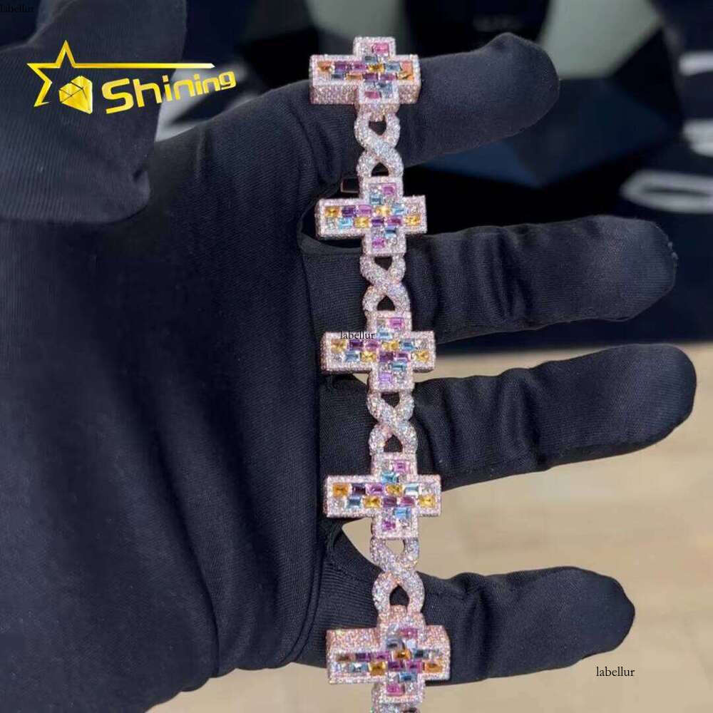 Hot Sale Design Custom Sier Rose Gold Plated Multi-Colored Emerald Cut Infinity Link Cross Cuban Bracelet