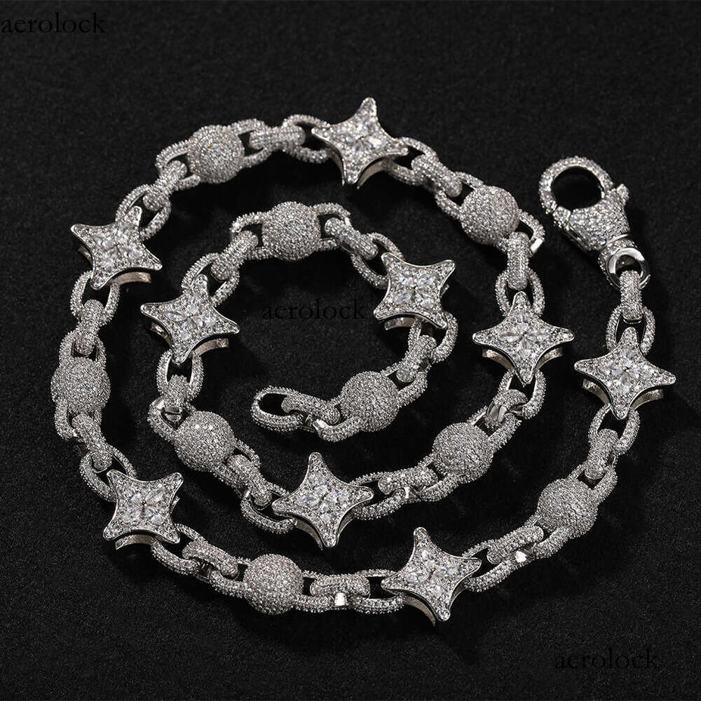 Fashion Hip-Hop New Sier Four-Pointed Star Bead Chain Light Niche Sterling Silver Inlaid Moissanite chain Trendy Men's Necklace