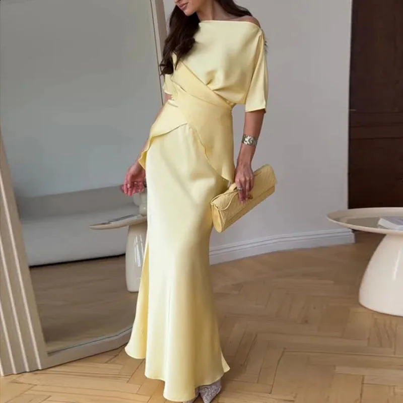 Spring Summer Satin Long Dress Suit White Elegant Crew Neck Cross Tie-up Top Bodycon Skirt Set 2 Piece Chic Solid Woman Outfit 250808