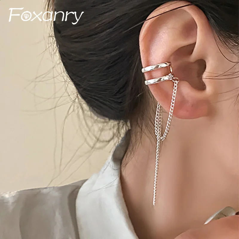 Foxanry Prevent Allergy Chain Tassel Ear Clip Bride Earrings for Women Fashion Simple Double-layered Geometric Party Jewelry 250807