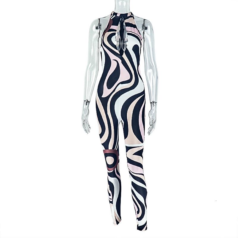 Stylish Printed Womens Hollow Out Slim Fit Bodycon Jumpsuit Sleeveless Zebra Print Long Jumpsuit Trend
