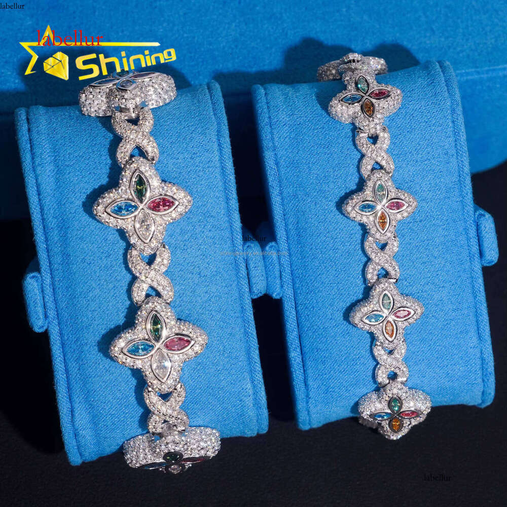 Unique Design Jewelry Hot Selling Hip Hop Mulit Color Marquise Moissanite Iced Out S Sier Cuban Clover Bracelet Men