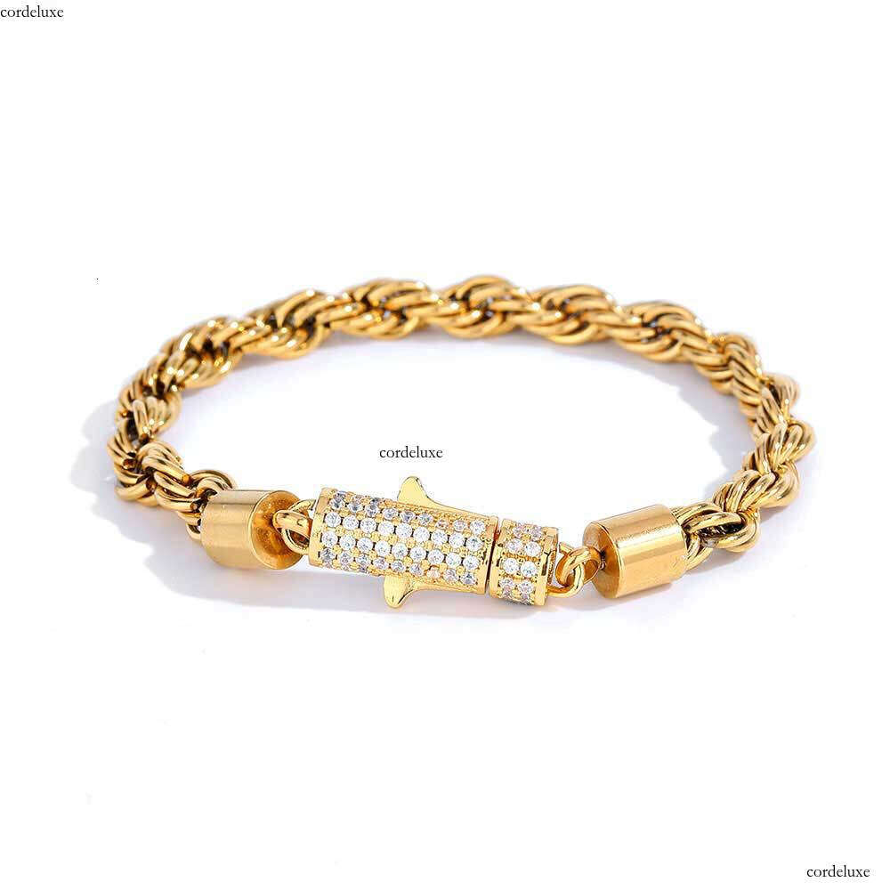 6mm Dia-Encrusted Buckle Stainless Titanium Steel Jewelry Twist Chain Gold Men's Bracelet Accessories